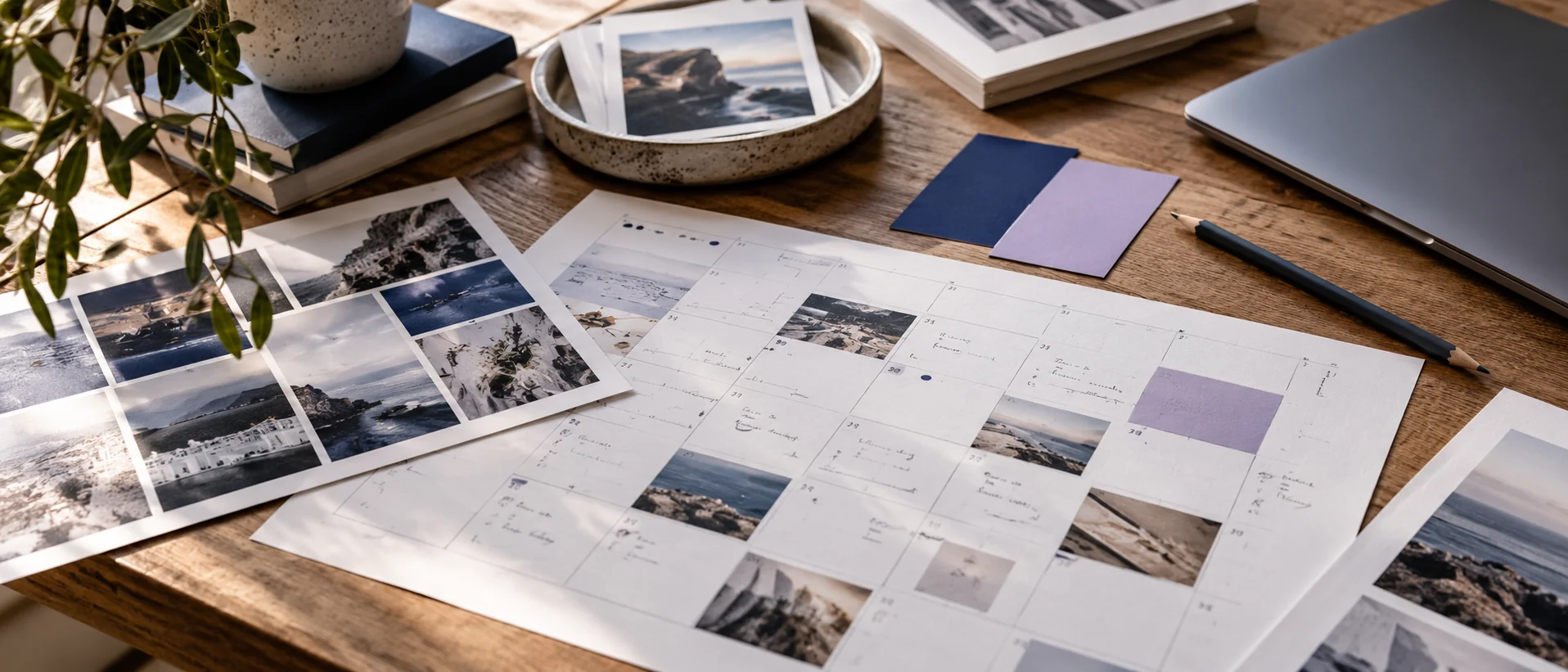 Editorial calendar and visual references arranged on a planning table