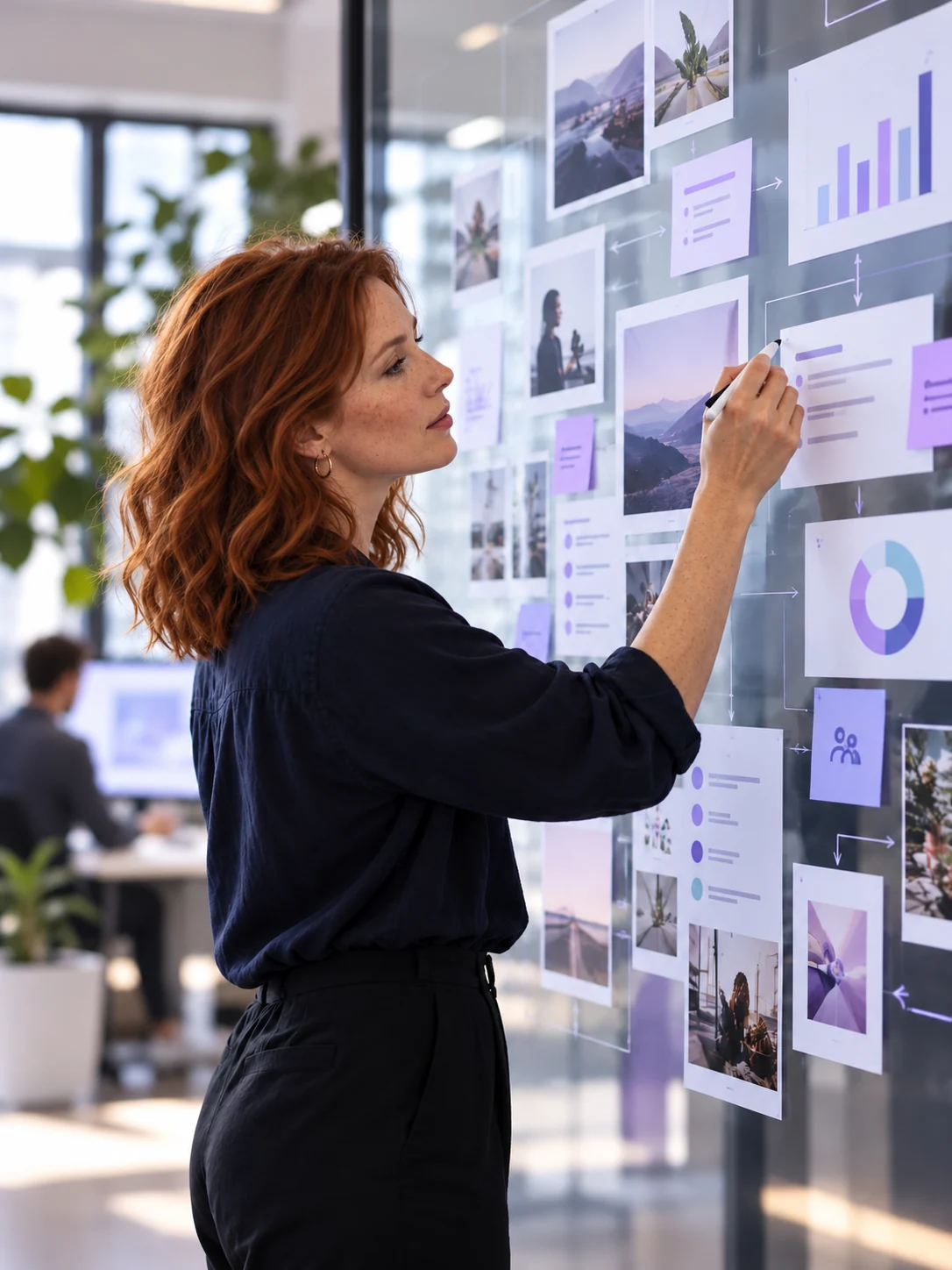 Content strategist arranging visual campaign ideas and audience notes on a planning wall