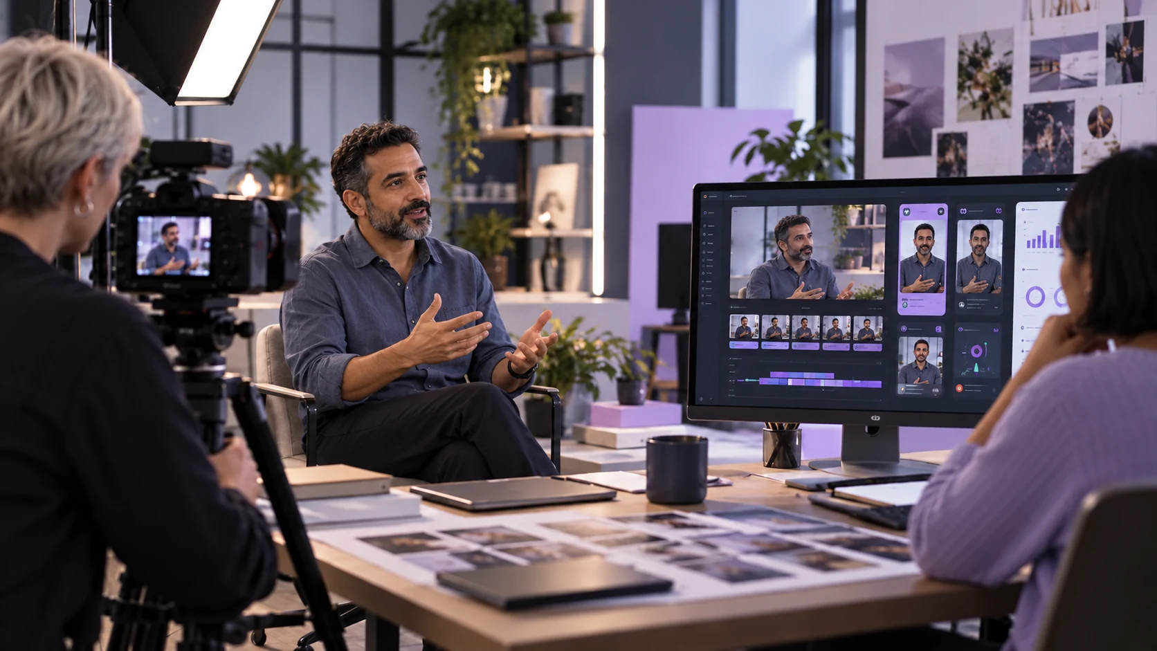 Content team filming and reviewing an interview video for different digital channels