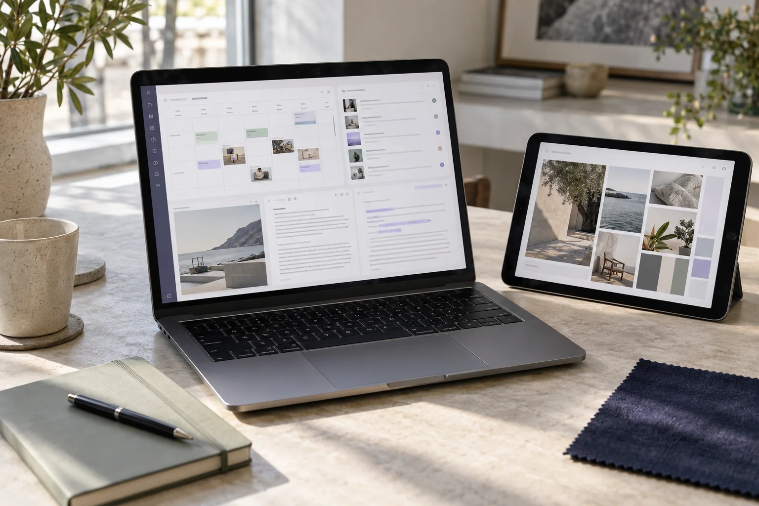 Laptop and tablet displaying an editorial calendar, content drafts, and campaign imagery